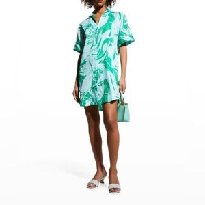 Finley Noni Palm Springs Parker-Print Shirtdress Green Aqua Cotton L USA